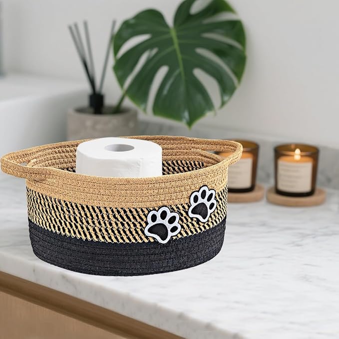 Small Woven Cotton Rope Nursery Organizer Bins, Dog Toy Basket Bins with Handle, Cute Empty Pet Gift Storage Baskets with Paw