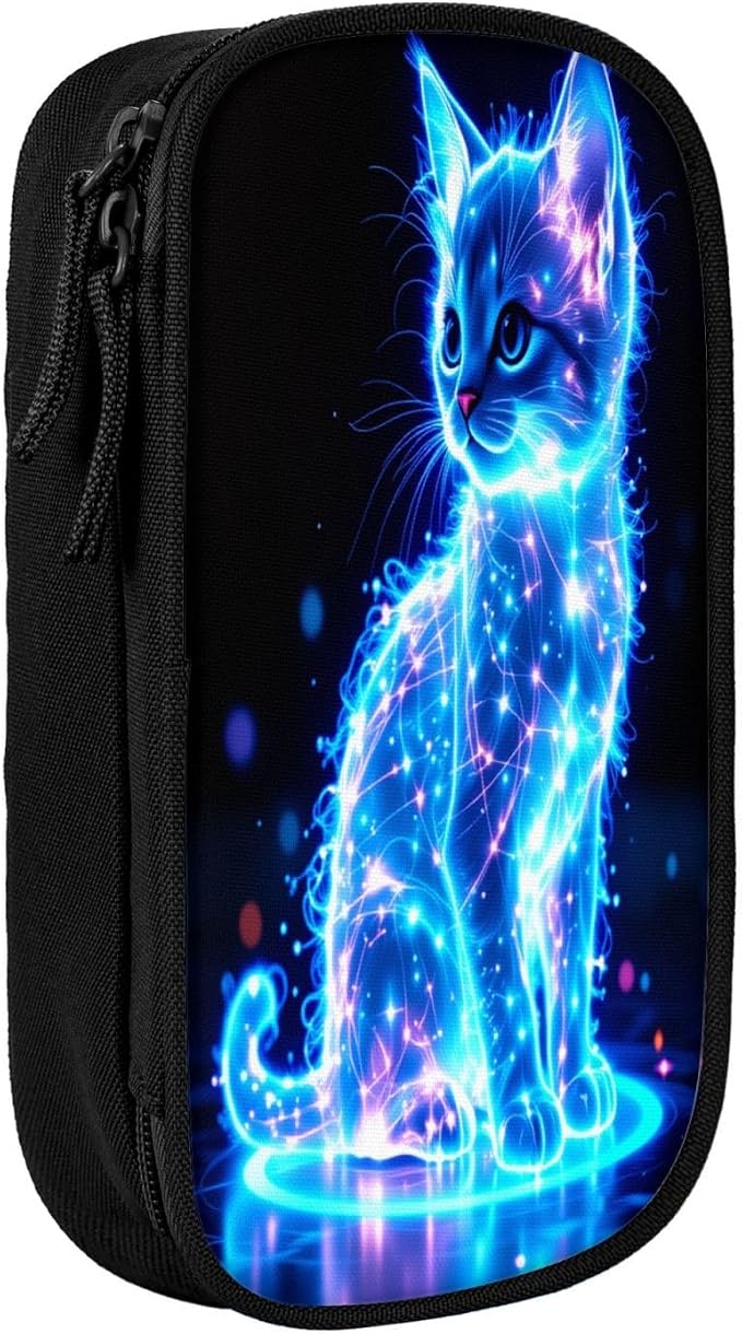 Glowing Cat Pencil Pouch, Oxford Cloth Pen Case With Double Zipper Compartments, Portable Stationery Organizer For Office Supplies, Travel Accessories Makeup Items