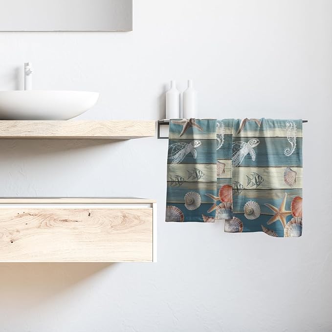 Giwawa Coastal Starfish Hand Towels Set of 2 Summer Sea Turtle Decorative Bath Towels Guest Soft Fingertip Towels for Bathroom Kitchen Hotel Gym