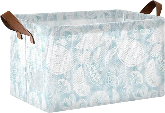 Light Blue Marine Life Turtle Coastal Storage Basket Foldable Cube Storage Bins with Handles&Label Collapsible Organizer Box Bin Large Rectangle Decorative Baskets for Shelves Home Living Room Closet