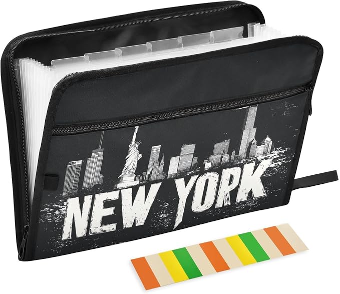 13 Pocket Zipper Expanding File Folder A4 New York City | Accordion File Organizer with Front Pouch A4 Letter Size Portable Folders for Documents Receipt School Office Supplies