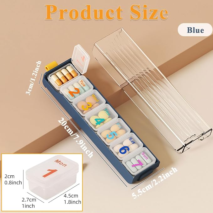 Weekly Pill Organizer, 7 Days Portable Travel Pill Medication Box | 7 Compartment Medicine Planner Dispenser, Every Day Dose, Easy to Open, Senior-Friendly, Storage for Vitamins, Fish Oil, Blue
