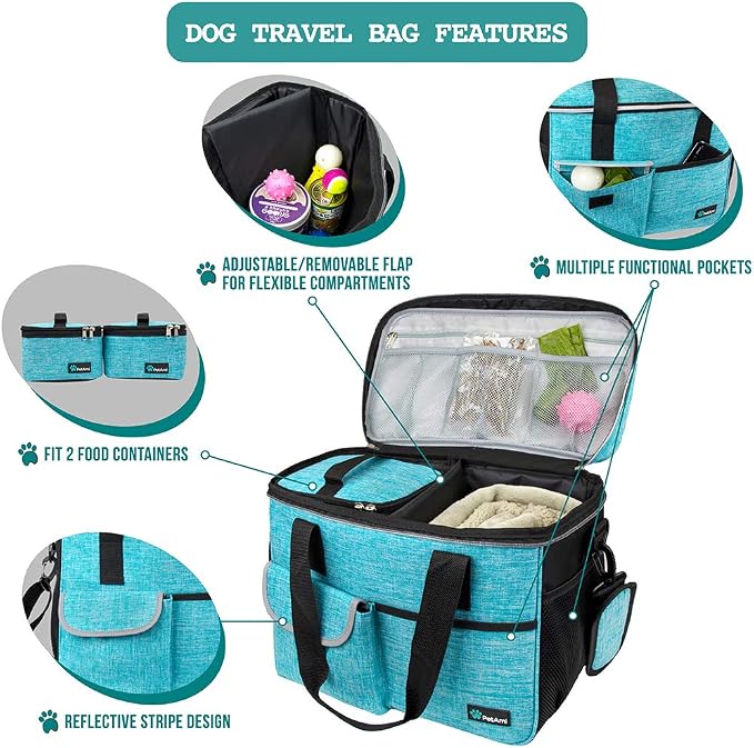 PetAmi Dog Travel Bag Organizer, Pet Supplies Diaper Tote, Teal Blue Medium | Pet Travel Kit with 2 Food Containers & 2 Collapsible Dog Bowls, Luggage Sleeve, Weekend Getaway Road Trip Camping Essentials