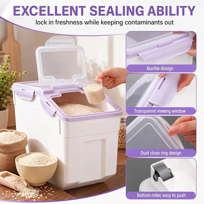 Sunnyray 4 Pcs 55 Lbs Flour Storage Container Bin,Rice Storage Containers with Wheels Seal Locking Lid, BPA Free with Measuring Cup Scoop for Rice Grain Pet Food Flour (Purple)