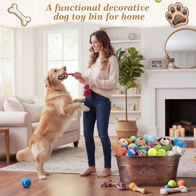 Zonon Metal Dog Toy Storage Bin with Handles 21 Quart Vintage Decorative Basket for Dog Ropes Food Living Room Decor, Galvanized Steel Pet Toy Organizer, 18x11.5x7.5 Inch(Chewing Stick)