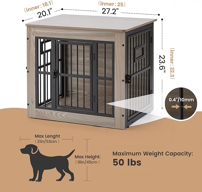 27 Inch Heavy Duty Dog Crate Furniture for Puppy/Small Dogs, Decorative Pet House End Table with 3 Doors, Wooden Cage Kennel Furniture Indoor, Rustic Grey - Without Bowls
