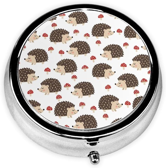 Mini Pill Case, Round Compact Organizer, Portable Holder for Supplements, Travel Pill Box Purse Carry for Students, Autumn Hedgehogs Leaves Mushrooms