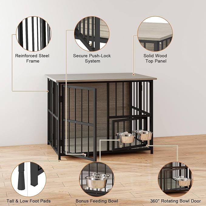 Hadulcet 27'' Foldable Dog Crate Furniture, Small Dog Kennel with 2 Bowls | Wooden Crate Table with Storage Top, Furniture Style Indoor Kennel for Small to Medium Dogs with Rotating Food Door, Gray