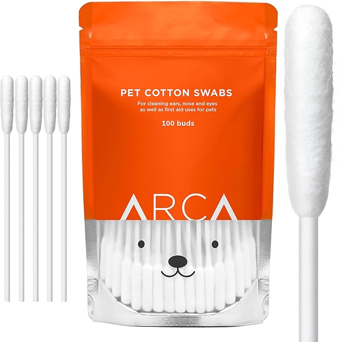 ARCA PET Cotton Swabs for Dogs and Cats - Cat & Dog Ear Cleaner Long Cotton Swab - Extra Long Stick, Cat & Dog Ear Cleaning Kit for Puppies and Pets, Multipurpose Pet Cotton Swabs for Ears (100 Buds)