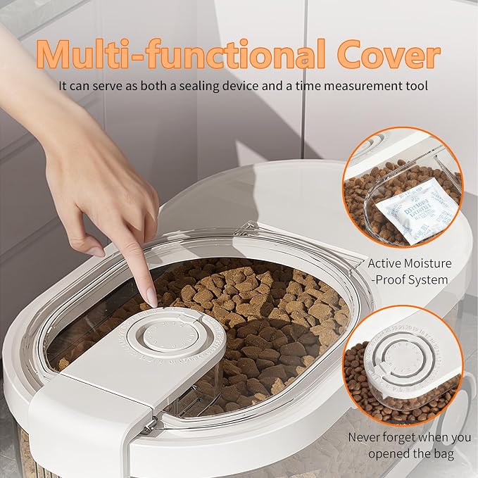 Airtight Dog Food Storage Container with Desiccant Chamber,Cat Food Storage with Timer,Wheels & Scoop,7 Liter,10-12 lbs/7 kg,for Small Dog,Cat & Bird Feed,Clear BPA-Free Slim Rolling Bin with Lid