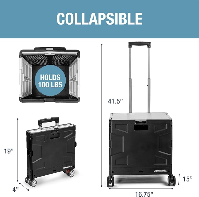 Wheeled Trolley Crate - 55L (4 Wheels) - Black/Cream [Cool Gray 1C] (1PK) | Move Bigger Loads in Any Direction | Four Swivel Wheels and a Telescoping Handle Guide 100 lb, Then Fold to 3.75 Inches