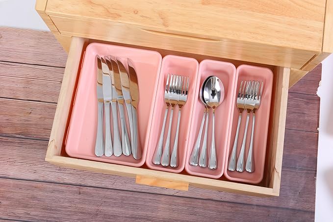 Kutesna 25 PCS Pink Drawer Organizer Set, 4 Size Interlocking Plastic Storage Bins for Office Supplies, Jewelry Makeup Vanity, Bathroom Kitchen, Home Organization Closet, Gadgets Small Items