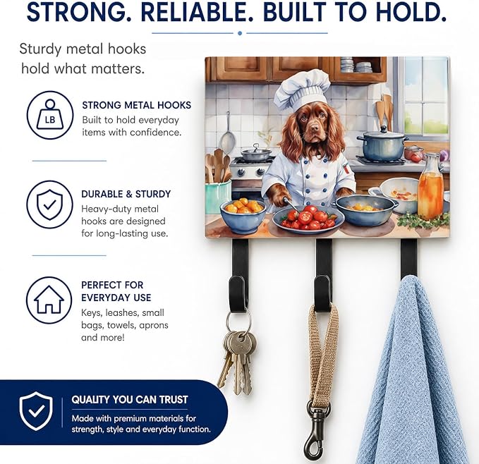 Caroline's Treasures Sussex Spaniel The Chef Leash or Key Holder Wall Hooks, Key Hooks Holder, Coat Rack Wall Mount, Coat Hooks, Hooks for Hanging Keys, Towels, Aprons, Leashes | Sussex Spaniel The Chef artwork on ceramic tile with three steel hooks fo...