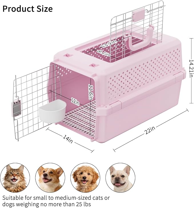 22" Hard Pet Carrier: Travel Kennel for Cats & Small Dogs | Strong Metal Locking Door / Ventilated Side Panels / 22" Cozy Interior / Lightweight Structure / Top Carry Handle