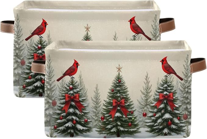 Christmas Tree Cardinals Birds Storage Basket with Waterproof Liner and PU Handles Winter Xmas Tree Bow Storage Bins Boxes 14.2" Collapsible Decorative Organizer Baskets for Bedroom Office 2 Pack