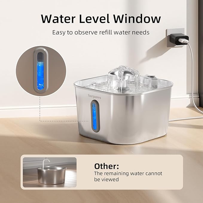 SARPAWS Cat Water Fountain Stainless Steel：74oz/2.2L Water Fountains for Cats Indoor, Cat Fountains for Drinking, Ultra-Quiet, Water Level Window, Pet Water Fountain - 2 Filters + 2 Sponges