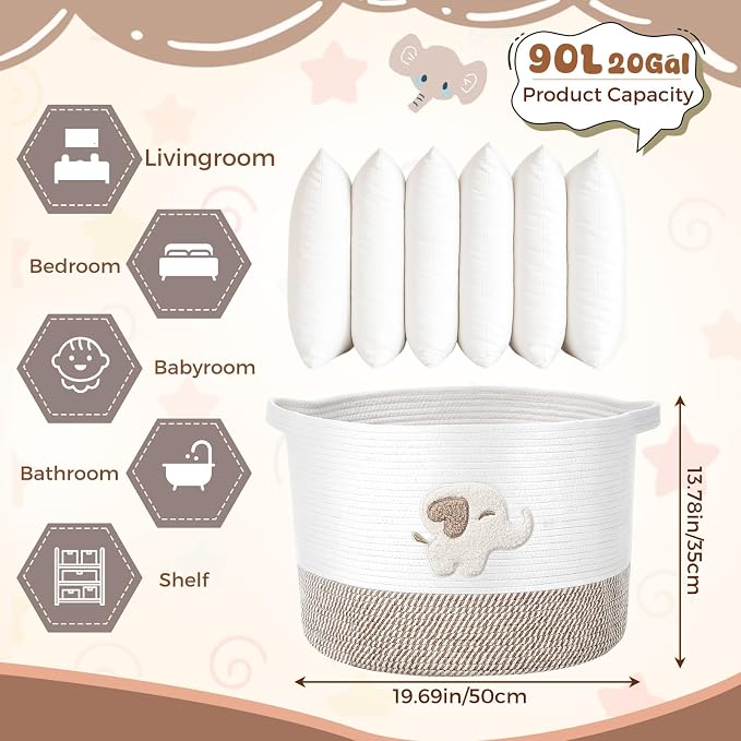 LemonRoad Extra Large Basket 20"x14", Woven Basket for Laundry Blanket Toy Box with Handle Storage, Blanket Storage for Living Room Nursery Pillows Chest(Cotton Rope,Elephant,Brown)