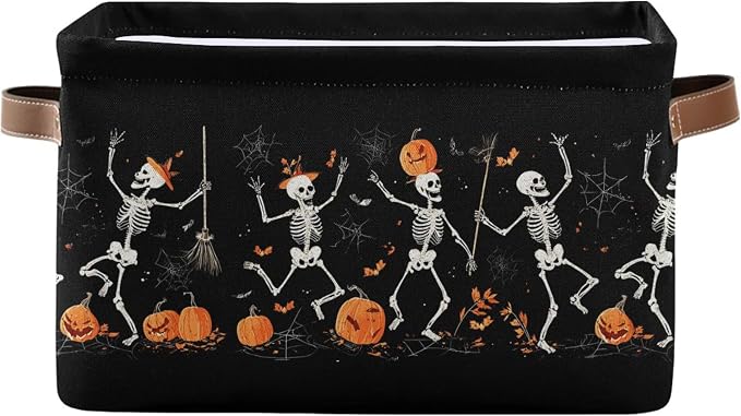 Halloween Skeleton Black Storage Basket with Waterproof Liner and PU Handles Spooky Skull Pumpkin Storage Bins Boxes 14.2" Collapsible Decorative Organizer Baskets for Bedroom Closet Office 1 Pack
