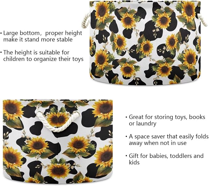 Sunflower Cow Print Collapsible Round Storage Basket with Handles | Yellow Flowers Large Laundry Baskets Hamper, Clothes Organizer Bin for Bedroom Living Room Decor, 20x 20x 14 Inches