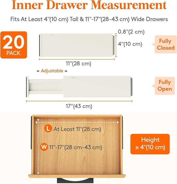 Lifewit 4" High Upgrade Drawer Divider, Adjustable Drawer Organizer Clothes | 20 Pack 11-17" Expandable Beige Plastic Drawer Separator for Dresser, Kitchen, Closet, Nursery, Office Organization & Storage