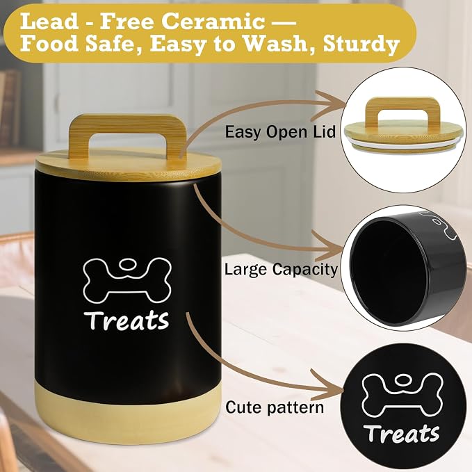 Dog Treat Container Airtight - 5 Inch Wide x 8.7 Inch Black Ceramic Dog Treat Jar for Kitchen Counter, Doggie Cookie Jar with Airtight Bamboo Lid - Farmhouse Style Dog Food Storage Container