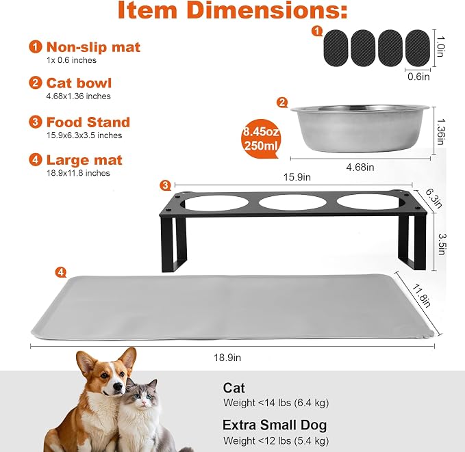 Elevated Cat Bowls with Food Mat, 10°Tilted Non-Slip Raised Cat Food Water Bowls Set, 3 Thick Stainless Steel Pets Dishes with Cute Metal Feeding Stand for Indoor Kitten Puppy, Anti-Vomiting