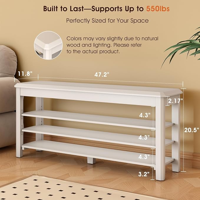 IUNVR Shoe Rack Bench Seat Rubberwood 3-Tier Wooden Storage Bench 550lbs Compact Mid-Century Modern Design for Entryway, Hallway, Closet, Front Door Entrance, Foyer