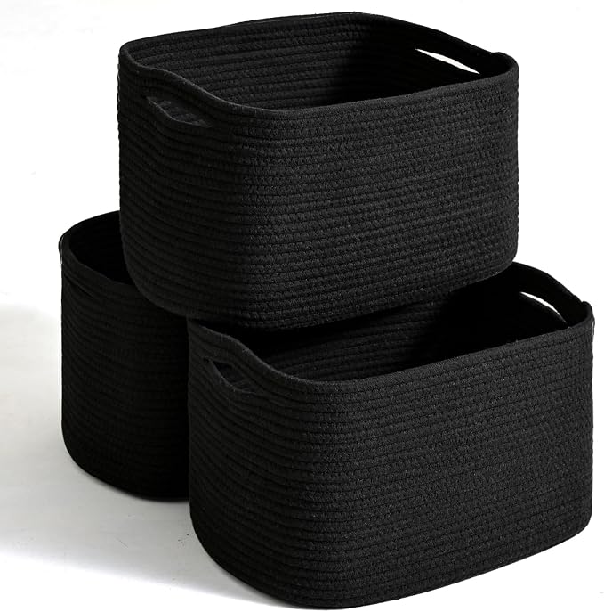 Storage Baskets for Organizing Shelves, Woven Cotton Rope Bins for Organization, Dog Toy Organizer for Shelf Living Room Bedroom, 14.8"×11"×9.5", Pack of 3, Black