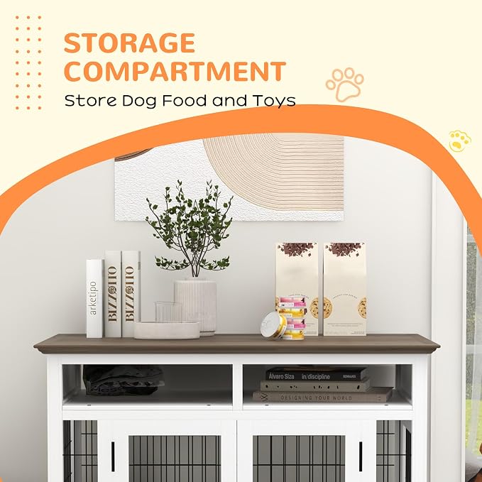 PawHut Dog Crate Furniture Side End Table with Storage, 41" Modern Wooden Dog Kennel Furniture with Double Doors for Small and Medium Dogs, White | Wooden Dog Kennel Furniture, Double Doors, for Small and Medium Dogs