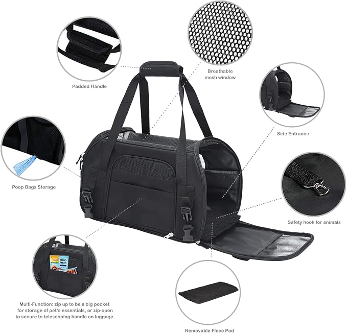 Jespet Airline Approved Soft-Sided Kennel Pet Carrier Travel Handbag | Lightweight, Foldable, Portable, Built-In Safety Leash, Luggage Sleeve, for Cats & Small Dogs, for Indoor & Outdoor
