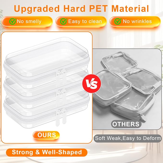 3PCS Clear Hard Shell Zipper Case,7.1*4*2 IN,Travel Makeup Bags,Jewelry Box | Clear Zipper Pouches,Crush-Proof Waterproof Cosmetic Toiletry Bag for Travel,Daily Essentials,Home Storage Small items