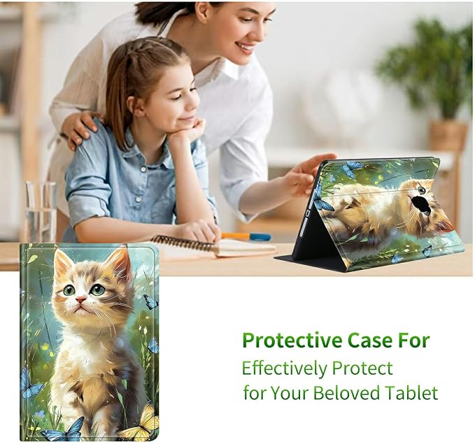 for Samsung Galaxy Tab A 10.1" 2016 SM-T580/T585/T587 Case | Slim Leather Smart Cover with Multi-Angle Anti-Slip Stand [Auto Wake/Sleep] Shell for Women Men - Lawn Cat Butterfly