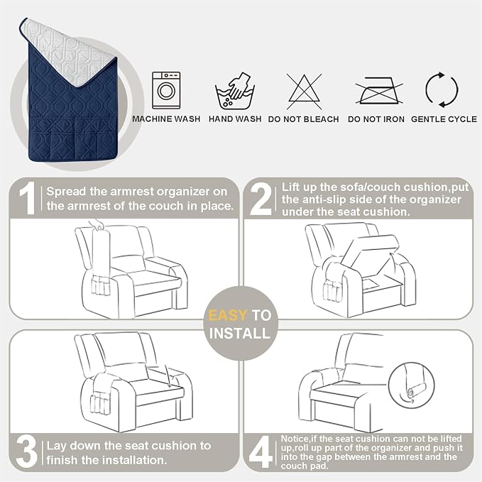 Recliner Armrest Cover with Headrest, Chair Armrest Slipcover with Side Pockets, Water-Resistant, Non Slip Furniture Protector for Pets (Berlin Blue,3 Seater 5PCS)