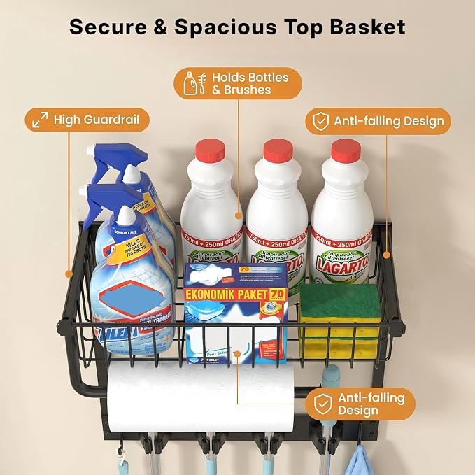Broom Holder Wall Mount with Paper Towel Holder& Removable Anti-fall Basket | Broom and Mop Organizer Wall Mount Cleaning Supplies Organizer for Laundry Room, Apartment, Utility Room
