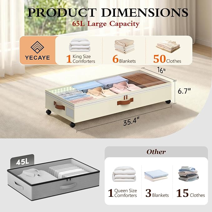 Yecaye Under Bed Storage with Wheels, 65L Under Bed Storage Containers with Adjustable Dividers & Clear Lid, Rolling Underbed Organizer Bins Drawer for Clothes, Shoes, Blankets, 2 Pack