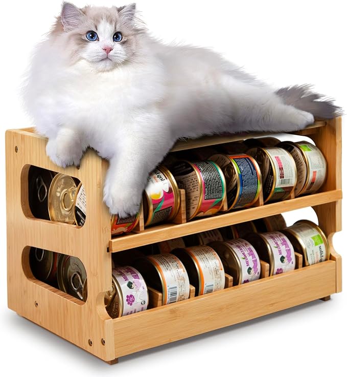 Coanto Cat Food Can Organizer, Bamboo 2-Tier FIFO Can Dispenser | 2-tier shelf holds up to 36 standard 3 oz wet cat food cans. Stackable pantry organizer for cabinets, counters