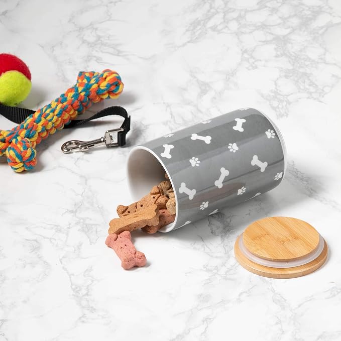 Bone Dry Ceramic Canister with Bamboo Lid, Paw & Bone Collection, Treat Jar, 4x6.5", Gray