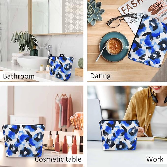 Leopard Print Makeup Bag For Women, Leopard Skin Adorable Cosmetic Bag Makeup Bags, Leopard Fur Zipper Bag Travel Bags Toiletry Organizers Pouch Bags Washing Bags For Gym Bathroom Blue Black