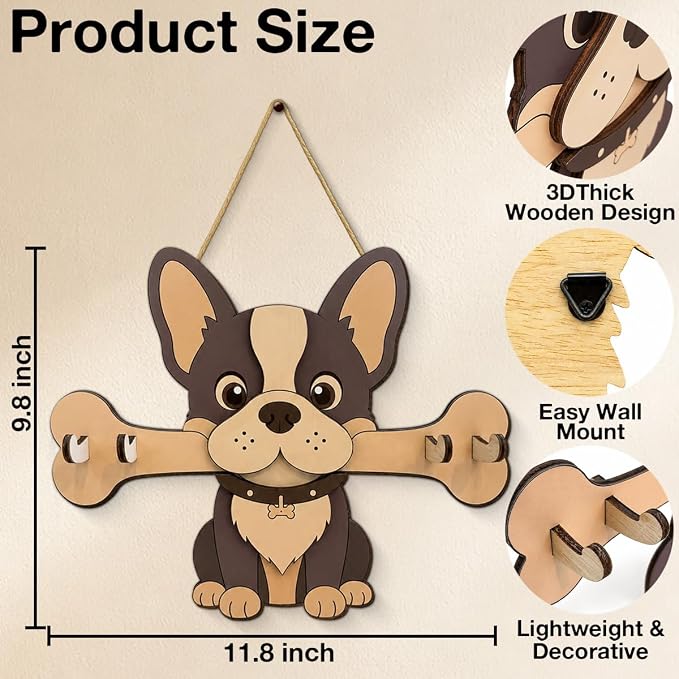 Dog Leash Holder for Wall, Cute Key Holder Wall Mount with 4 Keys Hooks, Dog Wooden Key Hooks for Collars, Entryway Garage Living Room Kitchen Mudroom
