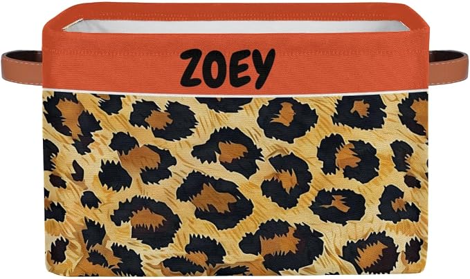Personalized Storage Bins for Boys, Customized Name Leopard Print Storage Basket Rectangle Clothes Organizer for Organizing Kids and Pets Toys Shelf Closet