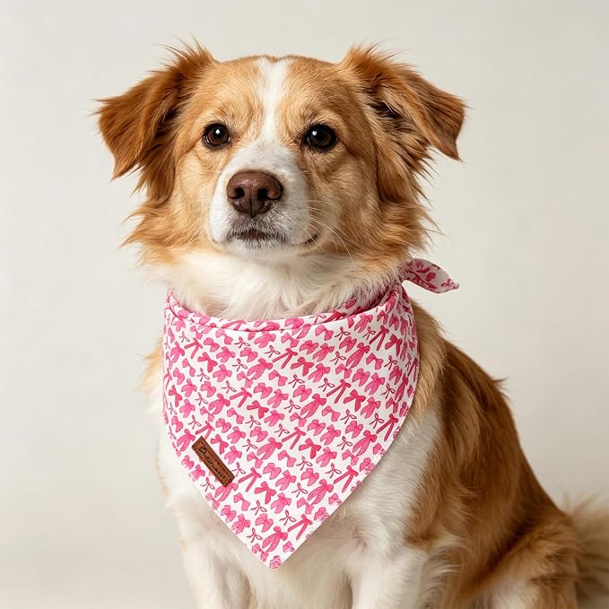 Pink Bow Dog Bandana, Rose Pink Bowtie Puppy Bandana for Girl Female Dogs, Soft Cotton Pet Triangle Bid Scarf Kerchief for Girl Boy Dogs or Cats