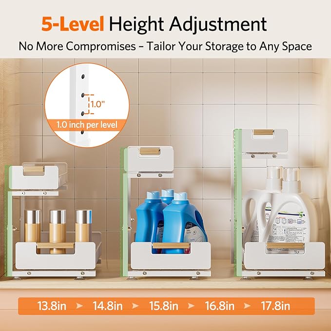Delamu Under Sink Organizer Kitchen, 2-Tier Pull-Out Cabinet Shelf, 2-Pack | 2-Tier Smooth Slide, 5 Adjustable Heights, Anti-Tip Suction Cups, Sturdy Metal, For Kitchen Bathroom Pantry Laundry, White