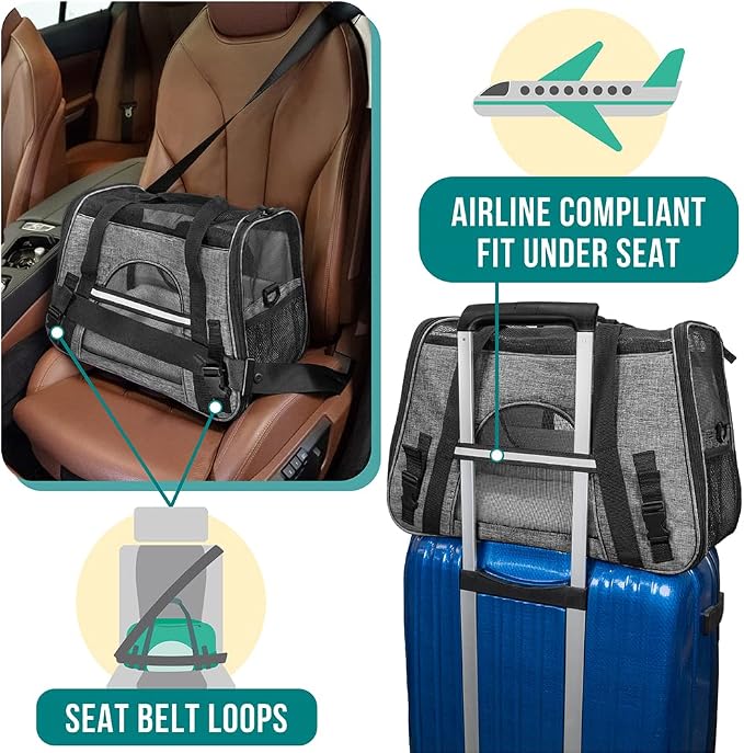 PetAmi Airline Approved Pet Carrier for Cats Small Dogs, Large Heather Gray | Soft Sided TSA Travel Bag, Sherpa Bed, Breathable Mesh Ventilation, Collapsible Bowl, Fits Under Seat, Up to 18 lbs