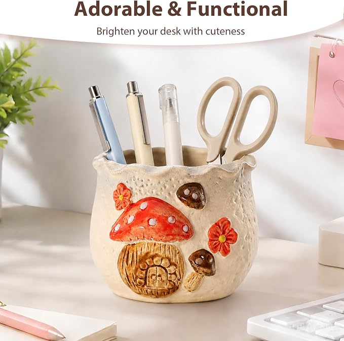 Ceramic Mushroom Shaped Pen Pencil Holder for Desk Decoration Accessories Mushroomb Decor Makeup Brush Pen Cups Office School Ideal Gifts for Women, Mom or Birthdays (light blue)
