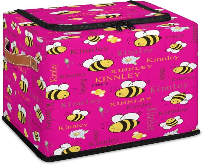 Custom Black Storage Baskets Named with Zipper Lid, Personalized Deep Pink Storage Bins Basket Boxes for Clothes Bedroom Closet Organizing Toys Books Shelves, Bee with Daisy Floral