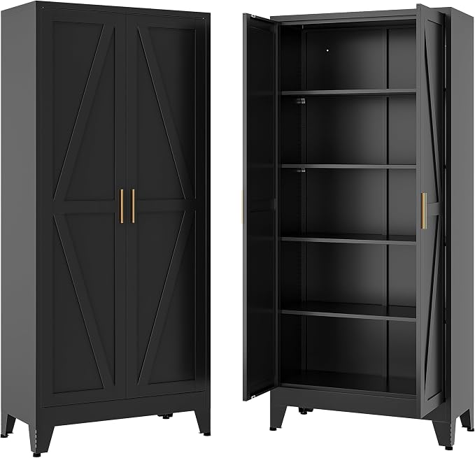 71" H Metal Garage Storage Cabinets,Black Storage Cabinets,Broom Closet Storage Cabinet,Utility Cabinet,