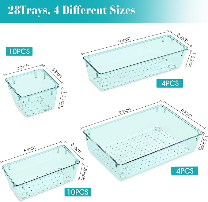 StorMiracle 28 PCS Clear Plastic Drawer Organizers Set, 4 Size Desk Drawer Organizer Trays for Makeup, Jewelry, Kitchen Utensils, Gadgets and Office Accessories, Sea Blue | 4 Size Desk Drawer Organizer Trays for Makeup, Jewelry, Kitchen Utensils, Gadge...