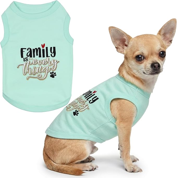 Parisian Pet Dog Shirt – 100% Cotton Shirts for Small Dogs – Blue Sleeveless Puppy Clothes – Lightweight and Breathable Dog Apparel – Family is Everything Dogs Clothes - Stretchy Pet T Shirts