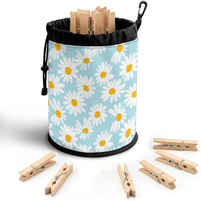 Daisy Clothespin Bag with Hanging Hook Laundry Canvas Clothes Pin Holder Waterproof Clothespin Bag Clothespin Storage Organizer with Drawstring Closure
