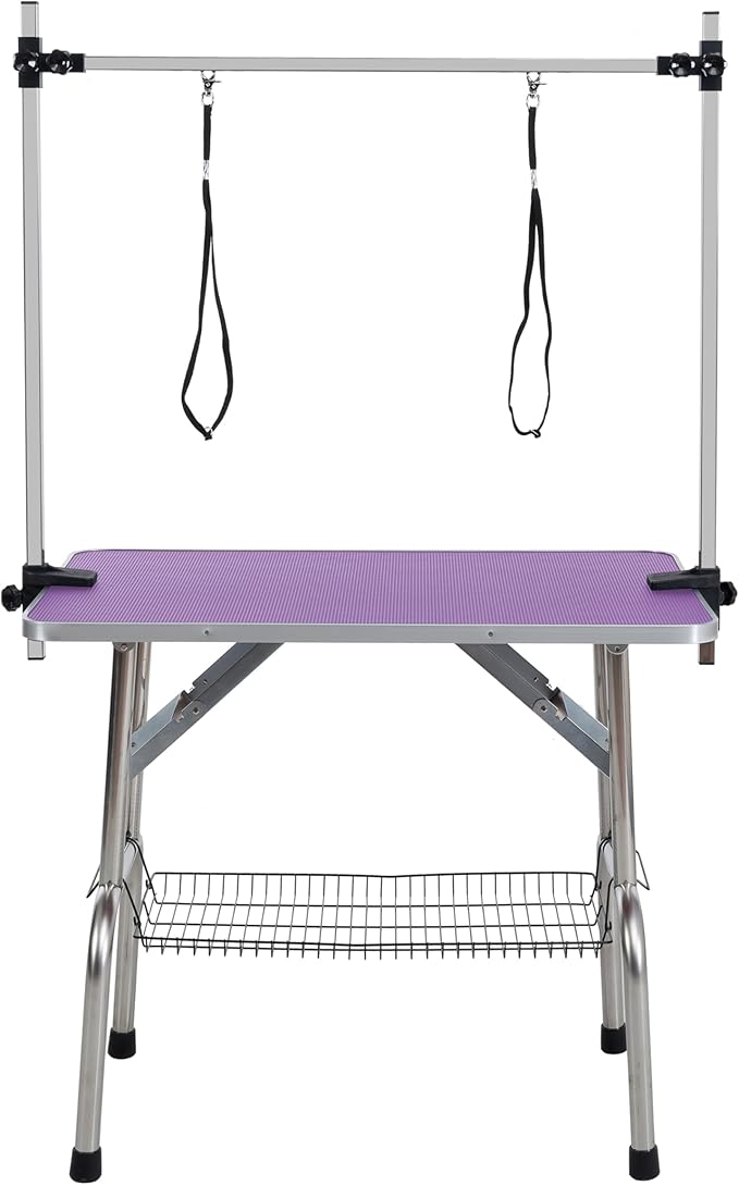 36" Pet Dog Grooming Table, Foldable Stainless Steel Frame Pet Grooming Table Up to 330lbs, Professional Drying Bathing Desk for Dogs at Home with Adjustable Overhead Arms, Noose, Mesh Tray, Purple